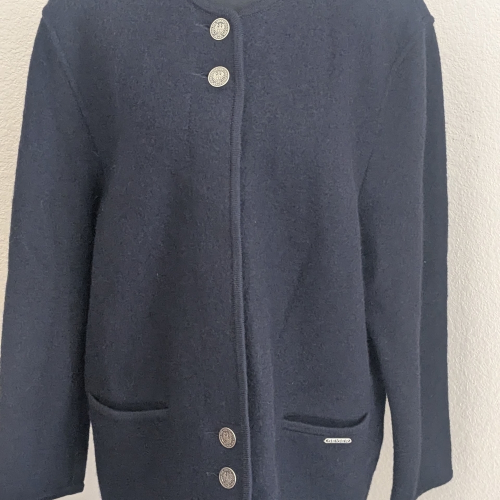 Geiger of Austria Vintage Navy Blue Boiled Wool Jacket & Skirt Suit Set US 12